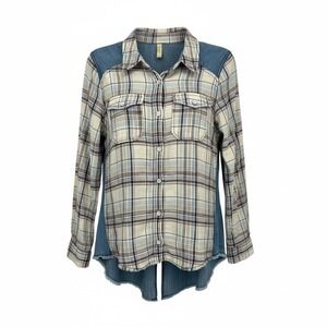 Free People Plaid Denim Combo Long Sleeve Button Up Shirt Womens Large